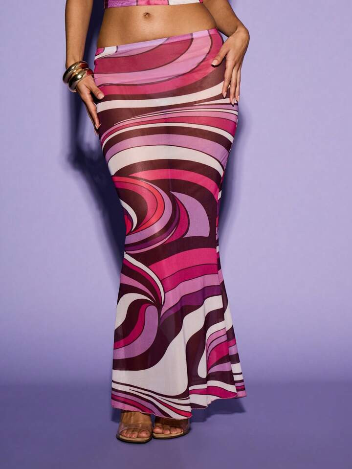 KIZN Printed Mesh Maxi Skirt | SHEIN