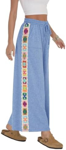 Haellun Womens Casual Comfy Pants High Waist Boho Wide Leg Cropped Palazzo Crochet Beach Pants wi... | Amazon (US)