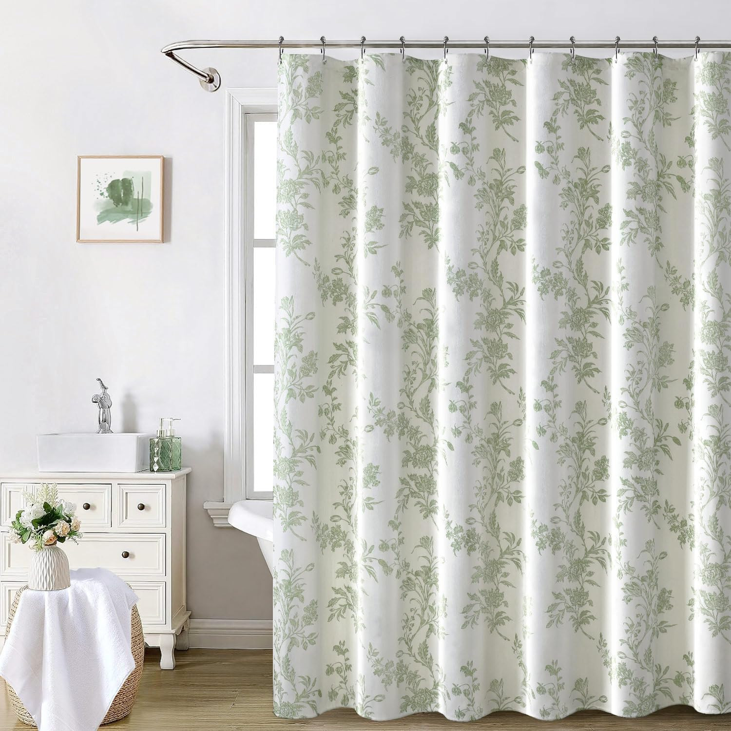 Awellife Sage Green Shower Curtain,Cotton Floral Cottagecore Spring Shower Curtains for Bathroom ... | Amazon (US)