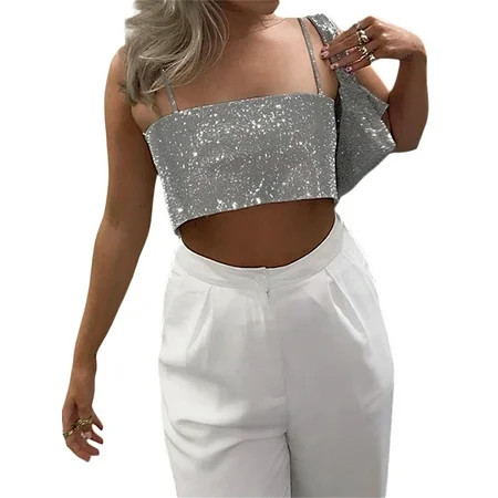 Biayxms Women sSequin Crop Top Sleeveless Backless Cowl Neck Halter Sparkle Glitter Tank Cami Tops A | Walmart (US)
