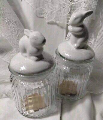 s/ 2 Easter CLEAR GLASS CONTAINER JAR CANISTER storage w Ceramic Bunny Lid ridge | eBay US