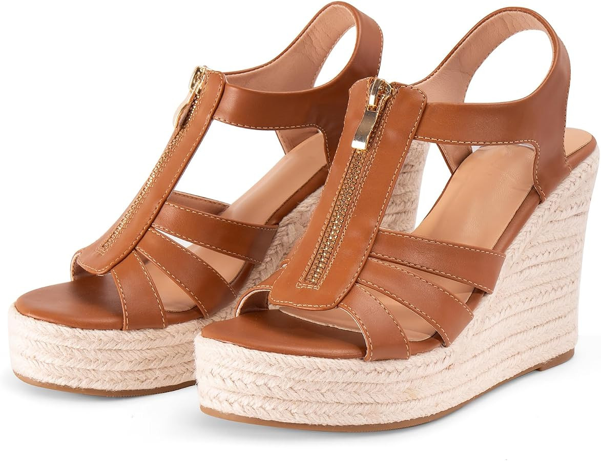 Womens Front Zipper Espadrille Wedge Sandals Dressy, High Heel Platform Sandals Open Toe Slingbac... | Amazon (US)