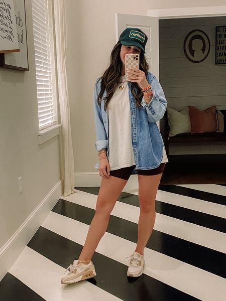 two tone denim top - tts; wearing normal size small
biker shorts - tts (lots of stretch to them & super comfy) 
Nike air max - tts

mom style, mom outfit, easy outfit, realistic outfit 

#LTKFindsUnder50 #LTKStyleTip #LTKTravel