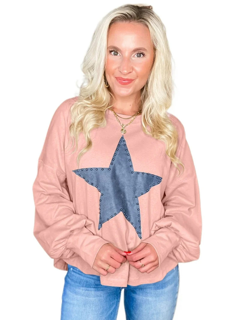 Celestial Charm: Oversized Long Sleeve Top with Star Graphic and Beading Detail | [ZhiHiMeRi] | (... | Walmart (US)