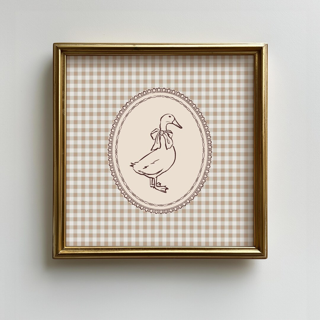 Vintage Duck with Bow Brown Gingham Square Print, Digital Download Printable Wall Art, Elegant Co... | Etsy (US)