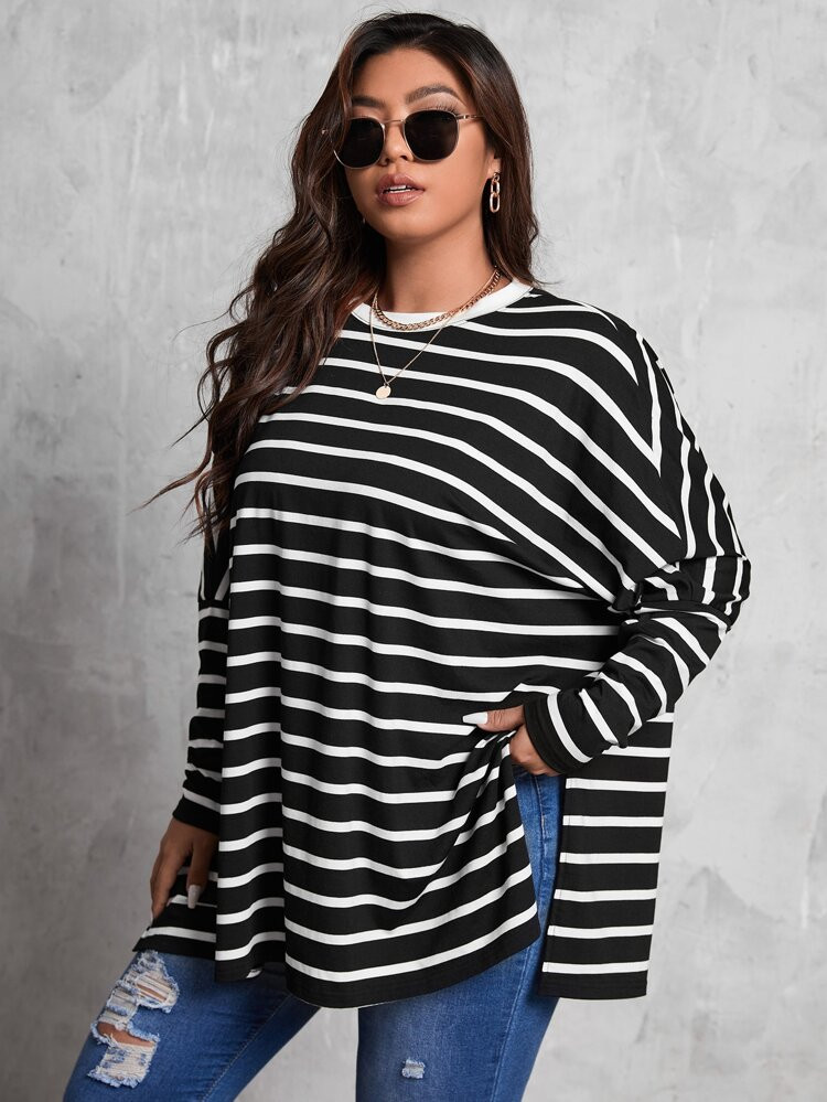 SHEIN Plus Striped Print Dolman Sleeve Split Hem Tee | SHEIN