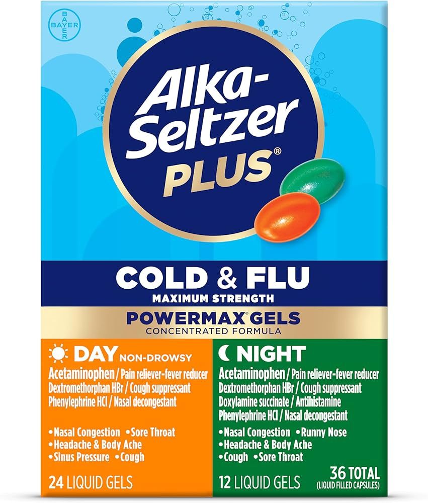 Alka-Seltzer Plus Power Max Cold & Flu Day+Night Medicine: Cough Suppressant, Cold and Flu Medici... | Amazon (US)