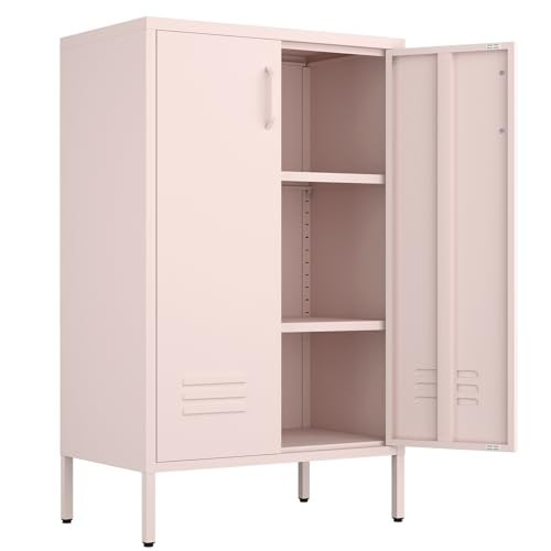 IRONFFICE Storage Cabinet,Metal Cabinets with Doors and Shelves,2 Doors Locker Cabinet with Legs,Metal Locker Storage Cabinets for Tools, Equipment and Office Files,Pink | Amazon (US)