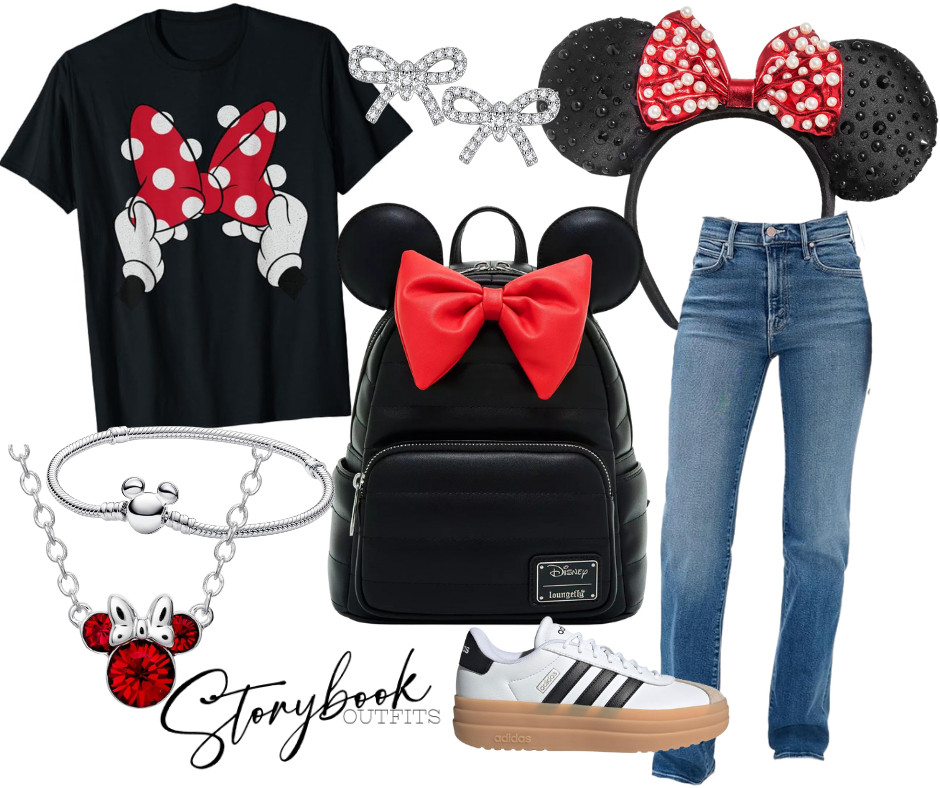 Black Minnie bow tee, red polka-dot ears, sleek black Loungefly with the bold red bow, classic denim, and comfy platform sneakers — this Storybook Outfit is perfect for any Disney park day, first trips, or anyone who loves timeless Minnie style. 

 

#LTKTravel