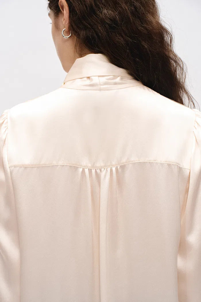 Chloe Tie Neck Blouse in 19mm Mulberry Silk Satin | Fabrique