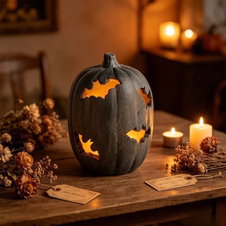 Terracotta-Effect Bat Cutout Pumpkin, Halloween LED Light Up Resin Pumpkin Lantern with Bat Hollo... | Walmart (US)