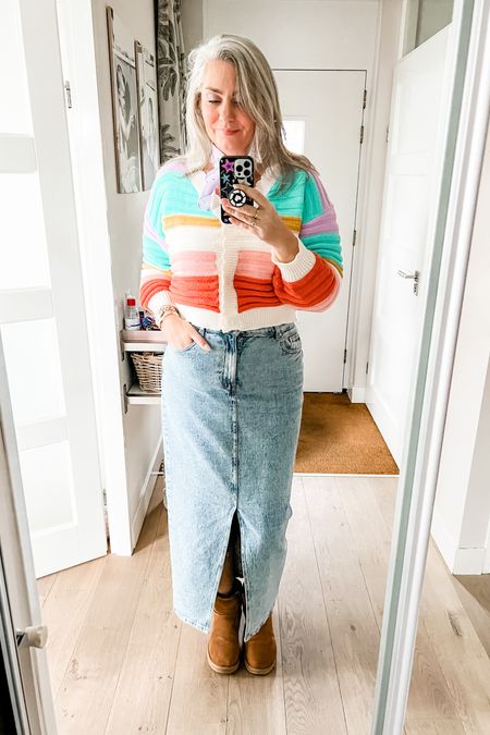 Ootd - Tuesday. A colorful bubble knit cardigan paired with a tall denim maxi skirt and classic Ugg boots. 



#LTKeurope #LTKmidsize #LTKstyletip