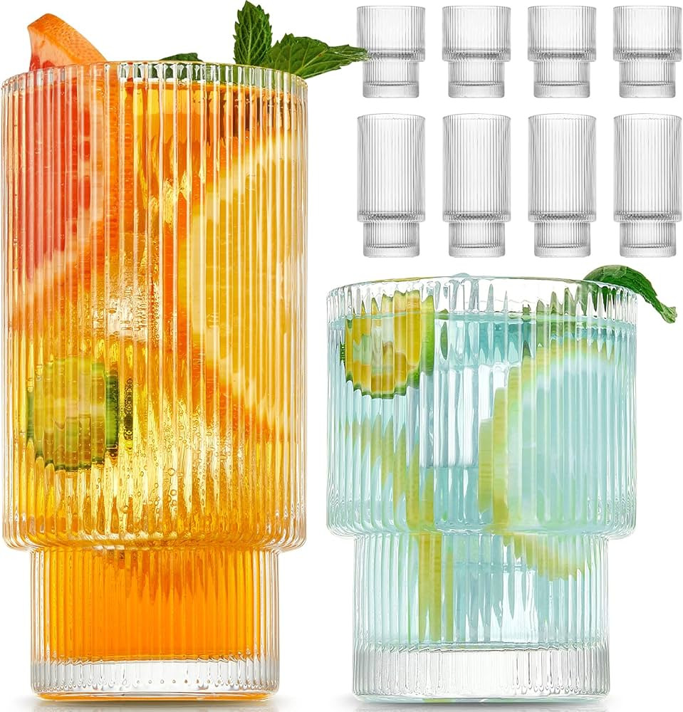 Gencywe 8 Pack Drinking Glasses, 4pcs Highball Glasses (11oz) & 4pcs Rocks Glasses (6oz), Vintage... | Amazon (US)