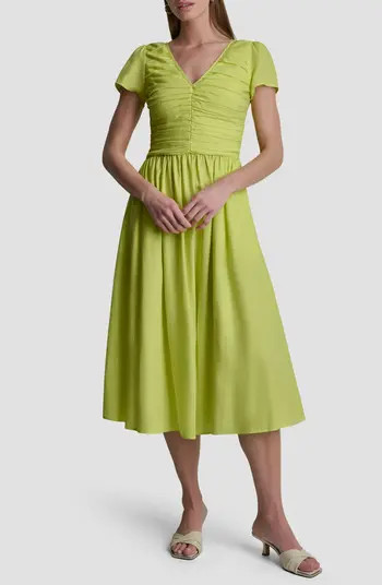 Ruched Bodice Linen Blend Midi Dress | Nordstrom