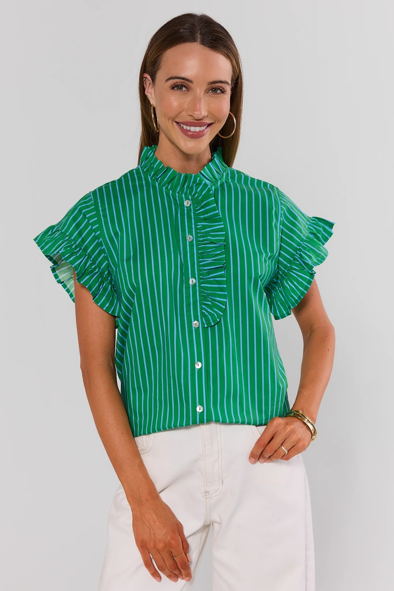 Green Striped Ruffle Trim Top | Avara