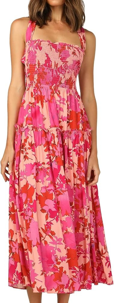 Women Lace Up Cami Maxi Dress Boho Summer Dress Casual Sun Dress Fresh Pattern Classic Beach Dres... | Amazon (US)