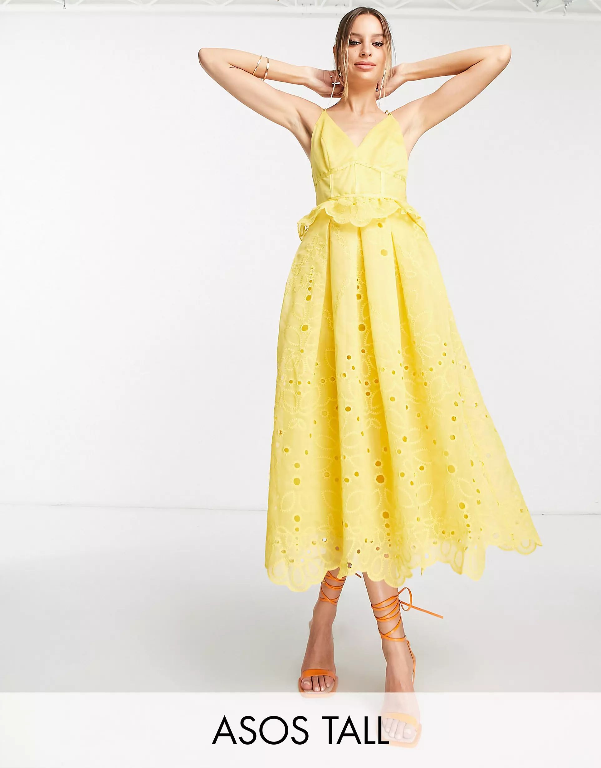 ASOS DESIGN Tall strappy midi dress with floral broderie and lace insert detail in yellow | ASOS (Global)