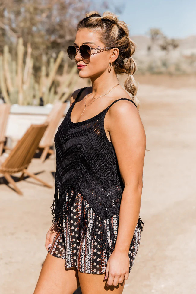 Free As Can Be Black Fringe Hem Crochet Tank | Pink Lily