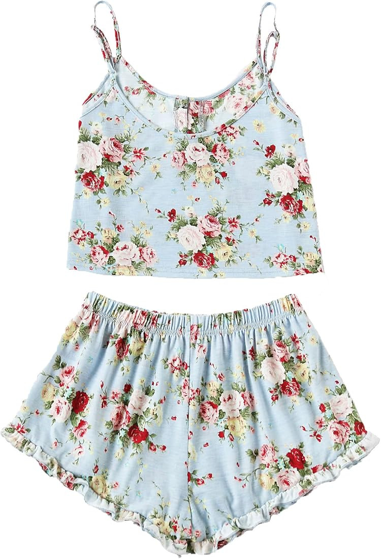 SheIn Women's Pajamas Sets Button Front Tank and Shorts Lounge Set Sleepwear | Amazon (US)