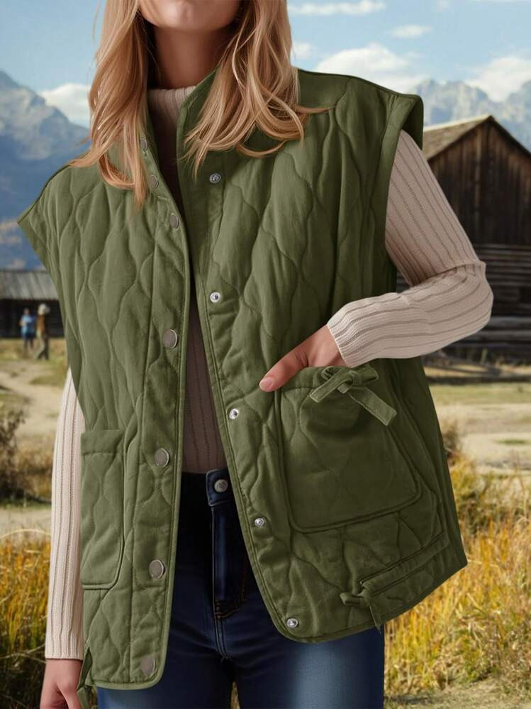 Womens Lightweight Quilted Vest Padded Stand Collar Button Down Sleeveless Gilet Outdoor Travel Sports Winter Outwear | SHEIN