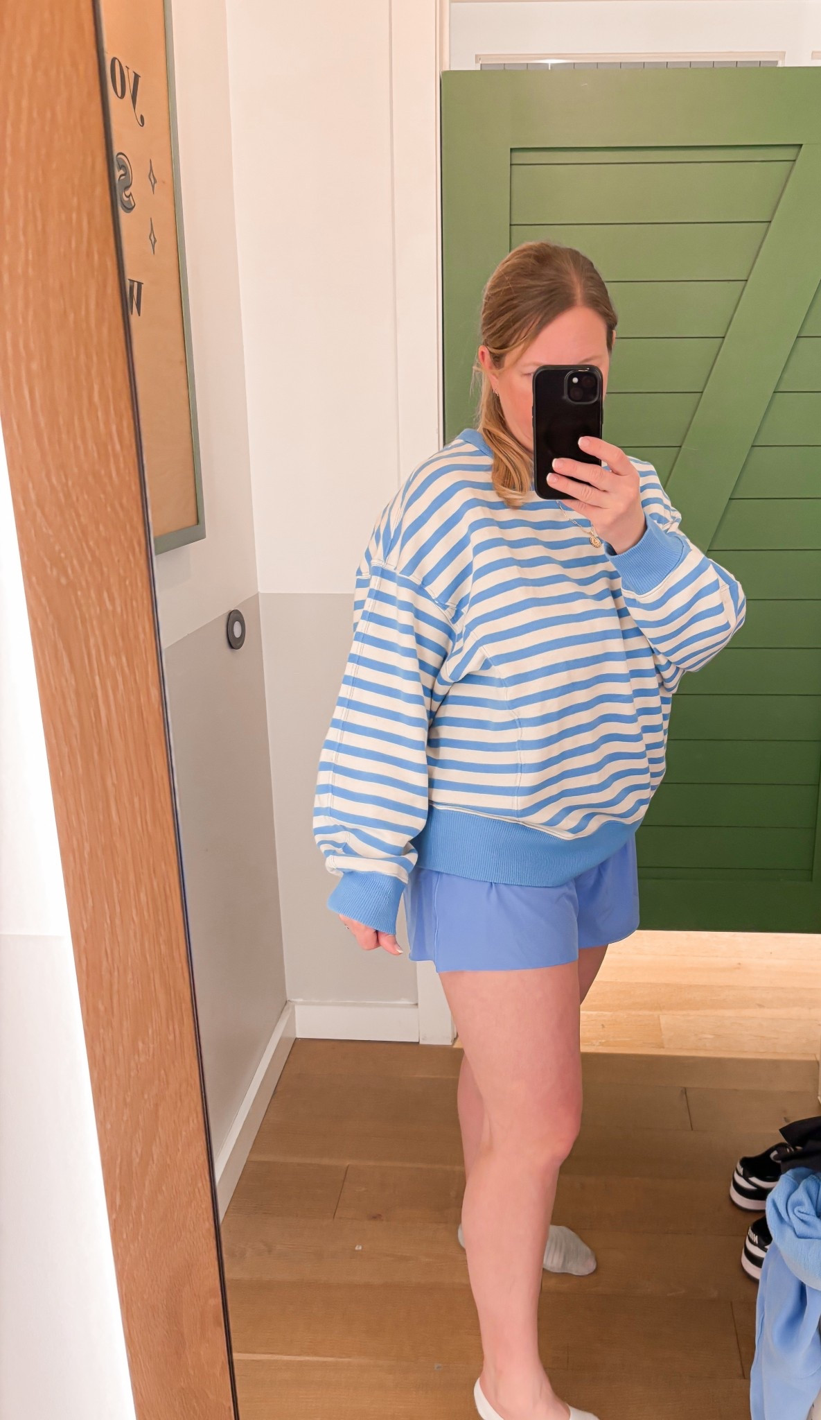 Aerie oversized sweatshirt and cross over flowy shorts. Run. Tts. I am in a medium in both and am 5’5” . Casual style . Matching set. . Stripes. 

#LTKTravel #LTKootd #LTKSpringSale