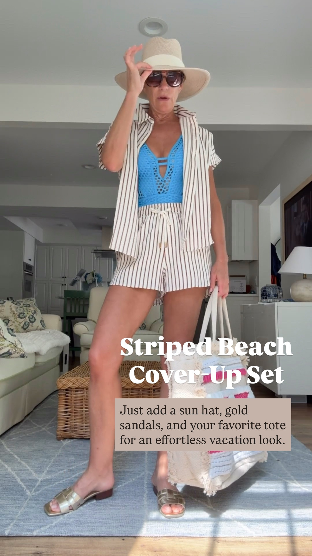 I wasn't sure about this set until I styled it over my swimsuit... and now I'm obsessed! The striped button-down and matching shorts make the perfect beach cover-up, while the blue swimsuit adds the prettiest pop of color. Just add a sun hat, gold sandals, and your favorite tote for an effortless vacation look.

❤️ Heart = Support my posts
📌 Save = Beach & vacation outfit inspiration
🛍️ Follow me on LTK for more easy summer style.

#LTKootd #LTKOver40 #LTKSwim