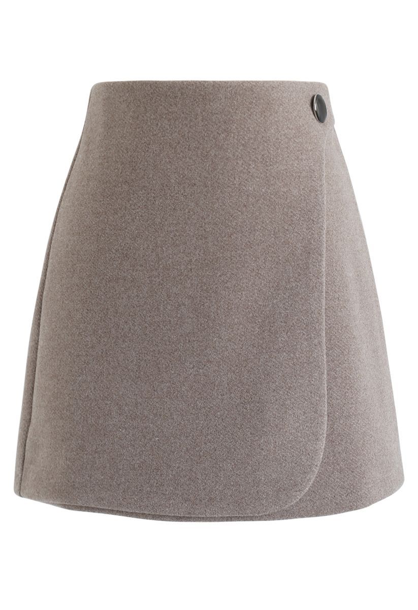 Button Decorated Flap Mini Skirt in Taupe | Chicwish