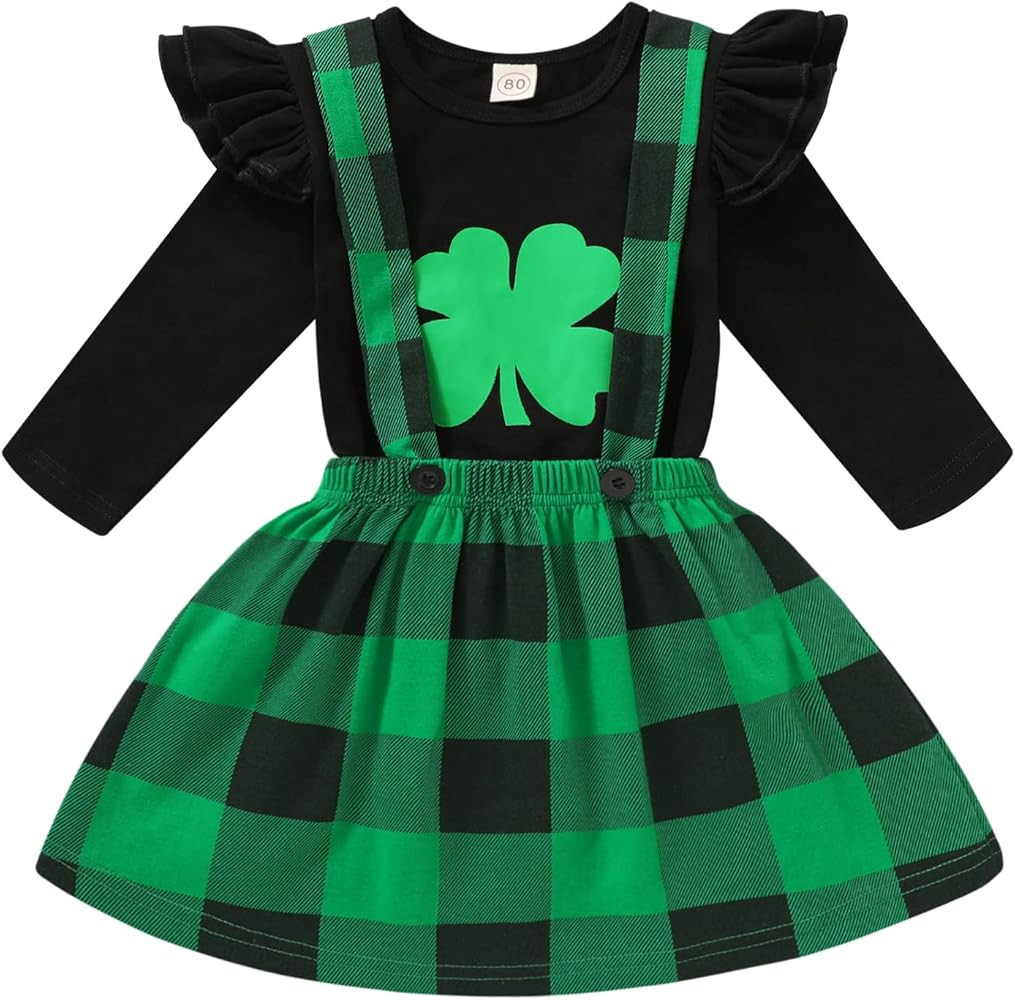 St Patricks Day Baby Girl Outfit Toddler Skirt Set Long Sleeve Ruffle Clover Shirt Suspender Dress C | Amazon (US)