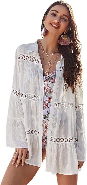 Floerns Women's Contrast Lace Long Sleeve Tiered Layered Beachwear Cover Up | Amazon (US)