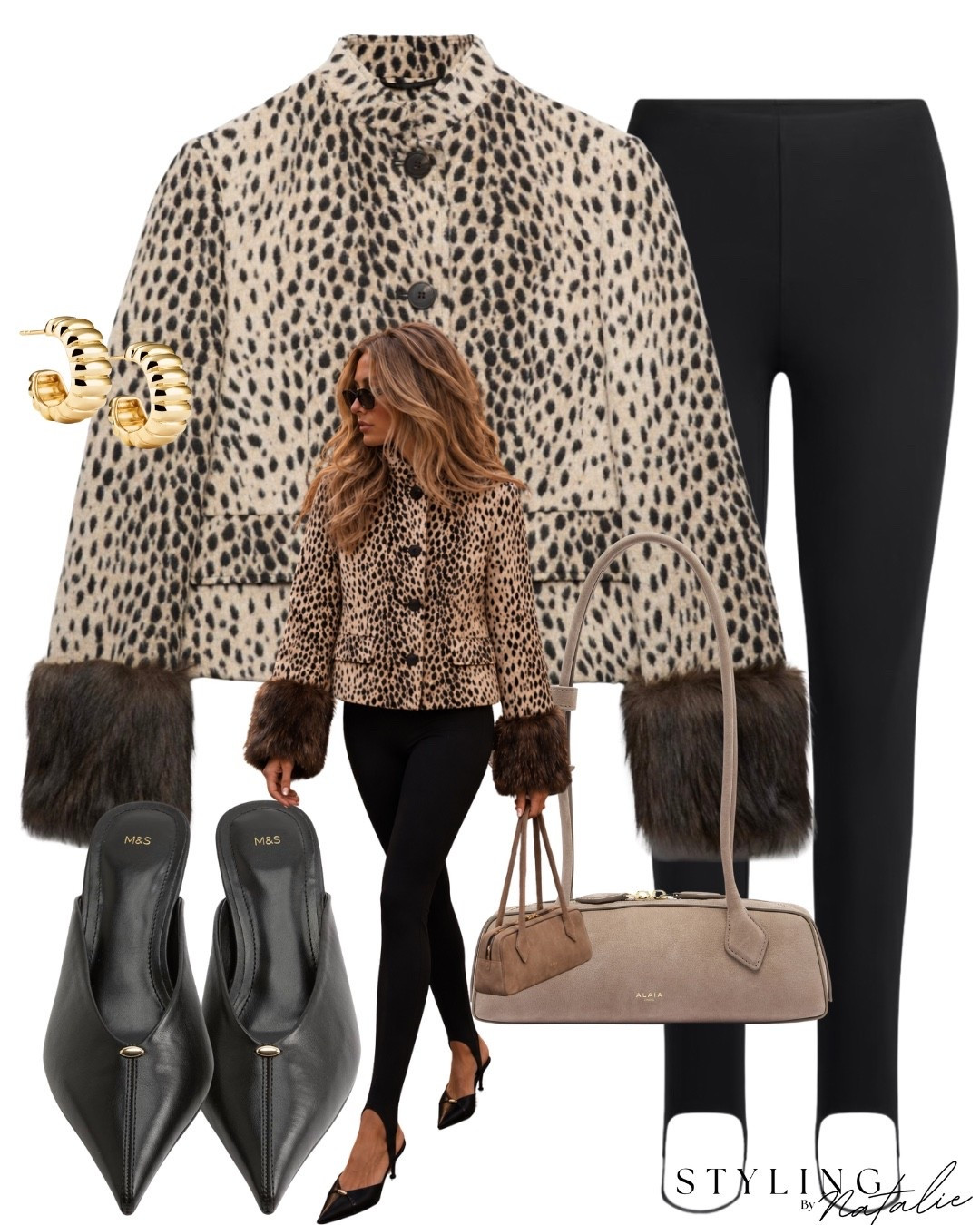 Animal print faux fur trim jacket with stirrup leggings, kitten heel mules, Alaia bag, fur cuff jacket.
Leopard print, going out outfit, weekend outfit, date night, fall outfit, autumn outfit, winter jacket.