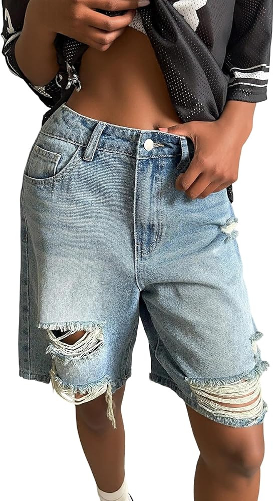 DINGANG Womens Ripped Jean Shorts Baggy High Waisted Bermuda Distressed Y2K Long Denim Jorts | Amazon (US)