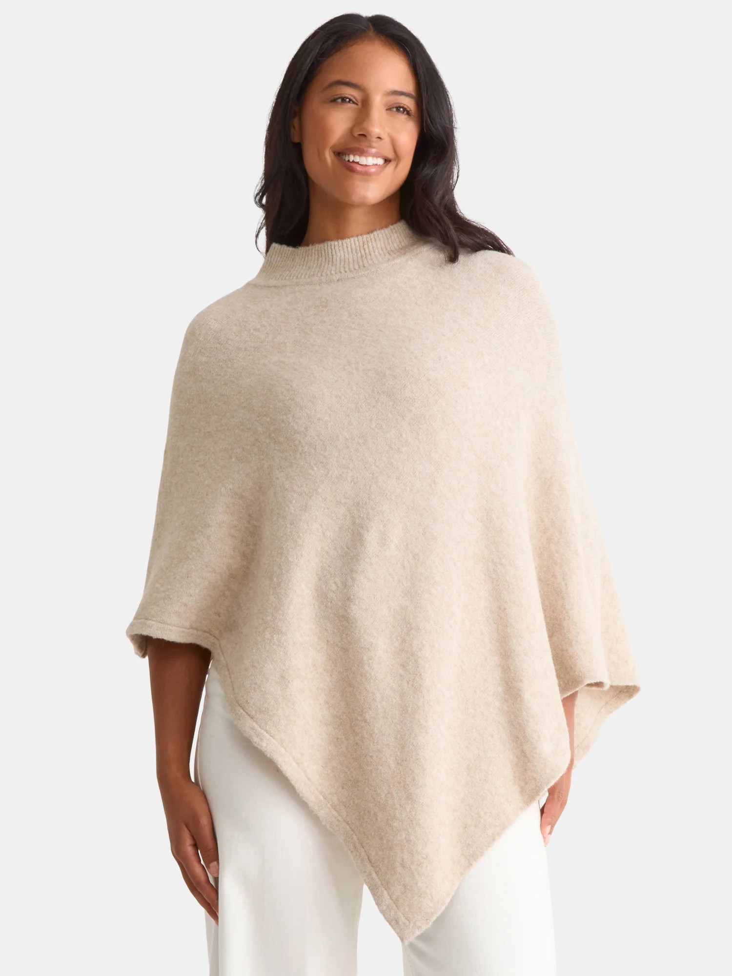 Time and Tru Women's Mock Neck Poncho, S/M, Oatmeal | Walmart (US)
