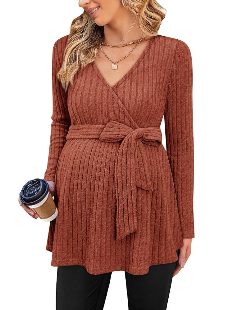 Womens Maternity Shirts Long Sleeve Pregnancy Tops Casual V Neck Ribbed Knit Pregnant Blouses | Amazon (US)