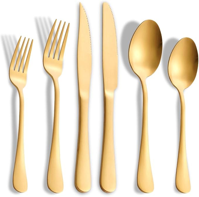 24-Pieces Matte Gold Silverware Set with Steak Knives,Stainless Steel Flatware Set,Cutlery Set Se... | Amazon (US)