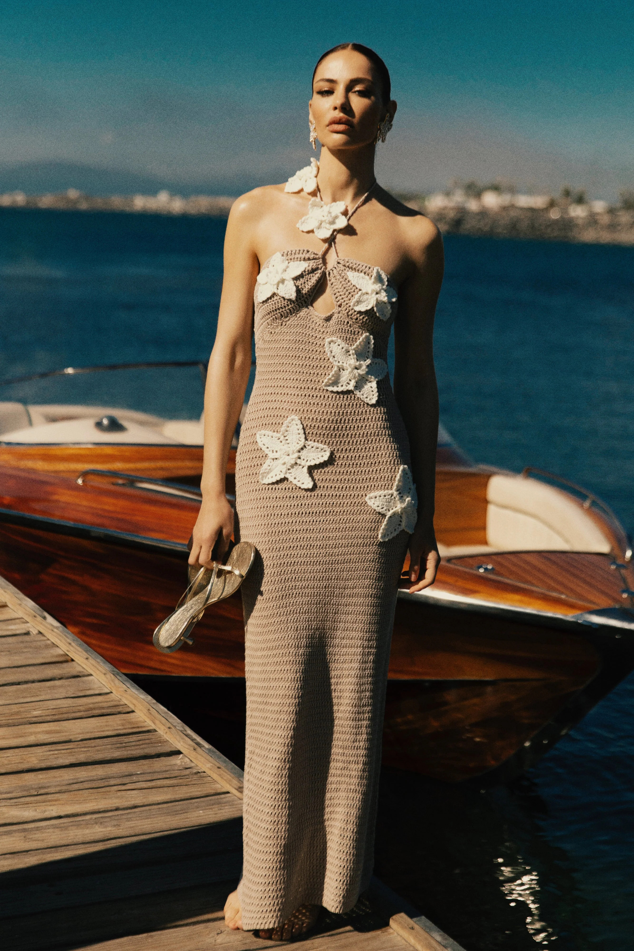 Kyla Floral Crochet Maxi Dress  - Taupe/White | MESHKI US