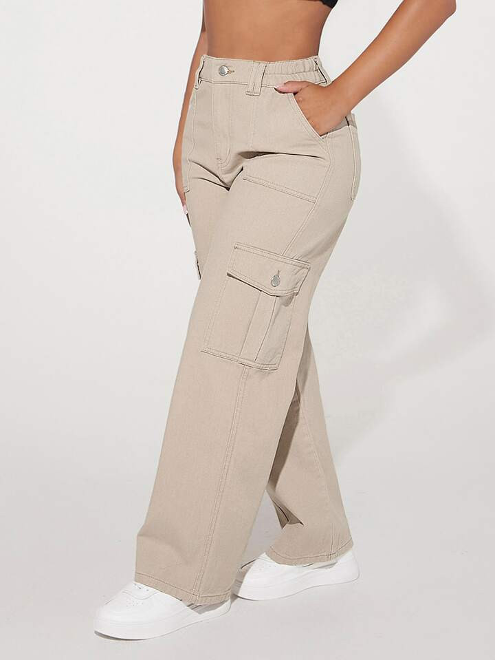 SHEIN PETITE High Waist Flap Pocket Cargo Jeans | SHEIN