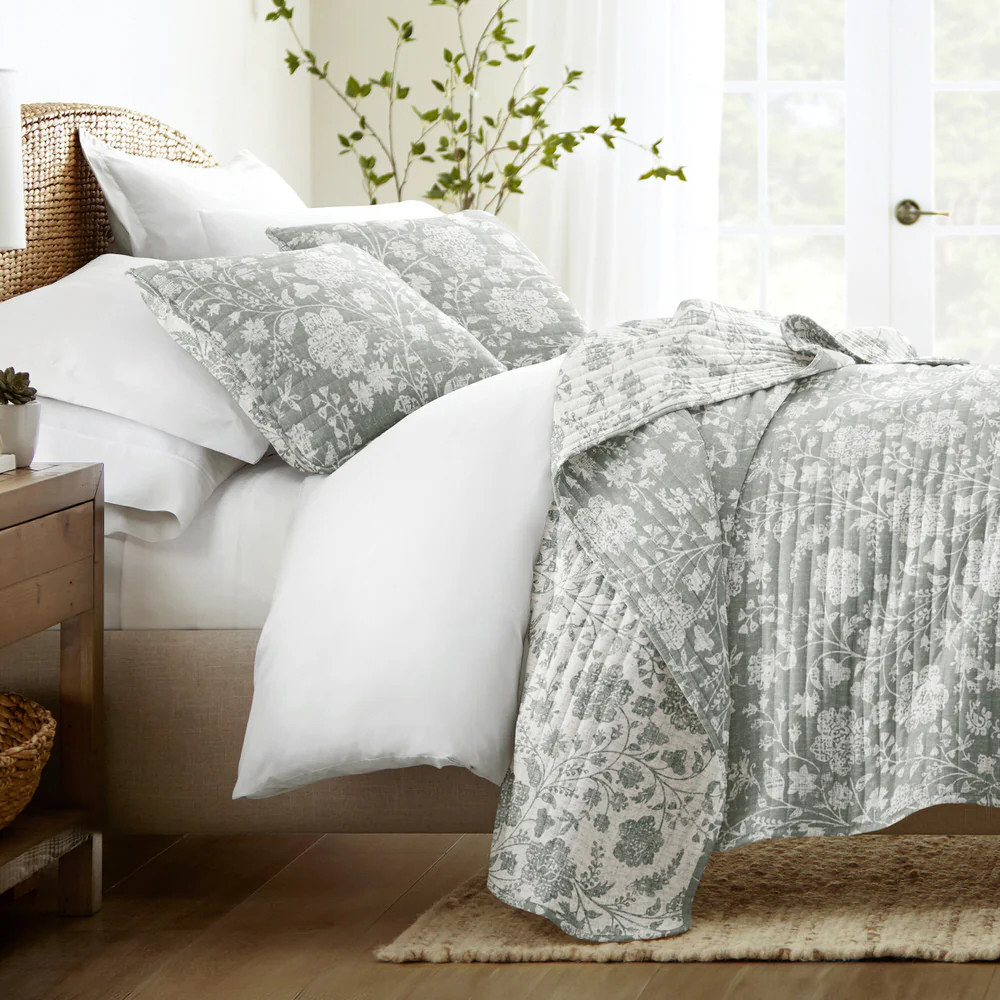 Textured Floral Reversible Quilted Coverlet Set | Linens and Hutch