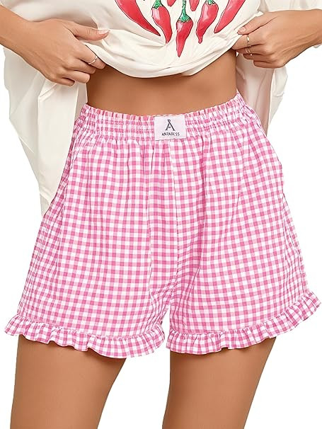 ANRABESS Womens Ruffle Boxer Shorts Pajama Gingham Shorts Summer Casual Lounge Sleep Plaid Beach ... | Amazon (US)