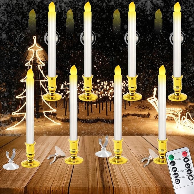 Christmas Window Candles Battery Operated, 8Pcs 10" Flameless Taper Candles with Timer and Remote... | Amazon (US)