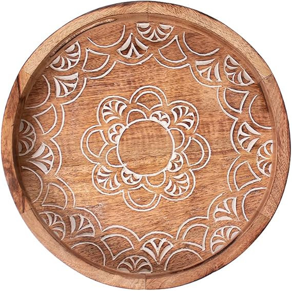 ARIJA Rustic Wooden Serving Tray with Handle - Designer, Decorative Wooden Carved Ottoman Tray fo... | Amazon (US)