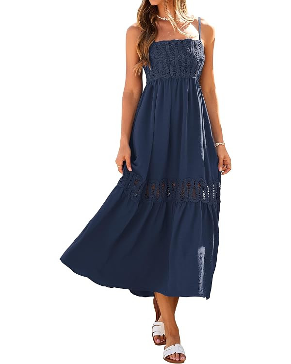 Glamaker Women's Summer Crochet Lace Maxi Dress 2026 Spaghetti Strap Smocked Flowy Beach Vacation... | Amazon (US)