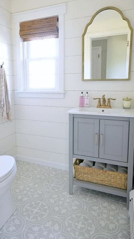 Powder bathroom upgrade with gray pattern tile, brass fixtures, shiplap, farmhouse feel, coastal style home decor, bathroom, accessories

#LTKfamily #LTKhome