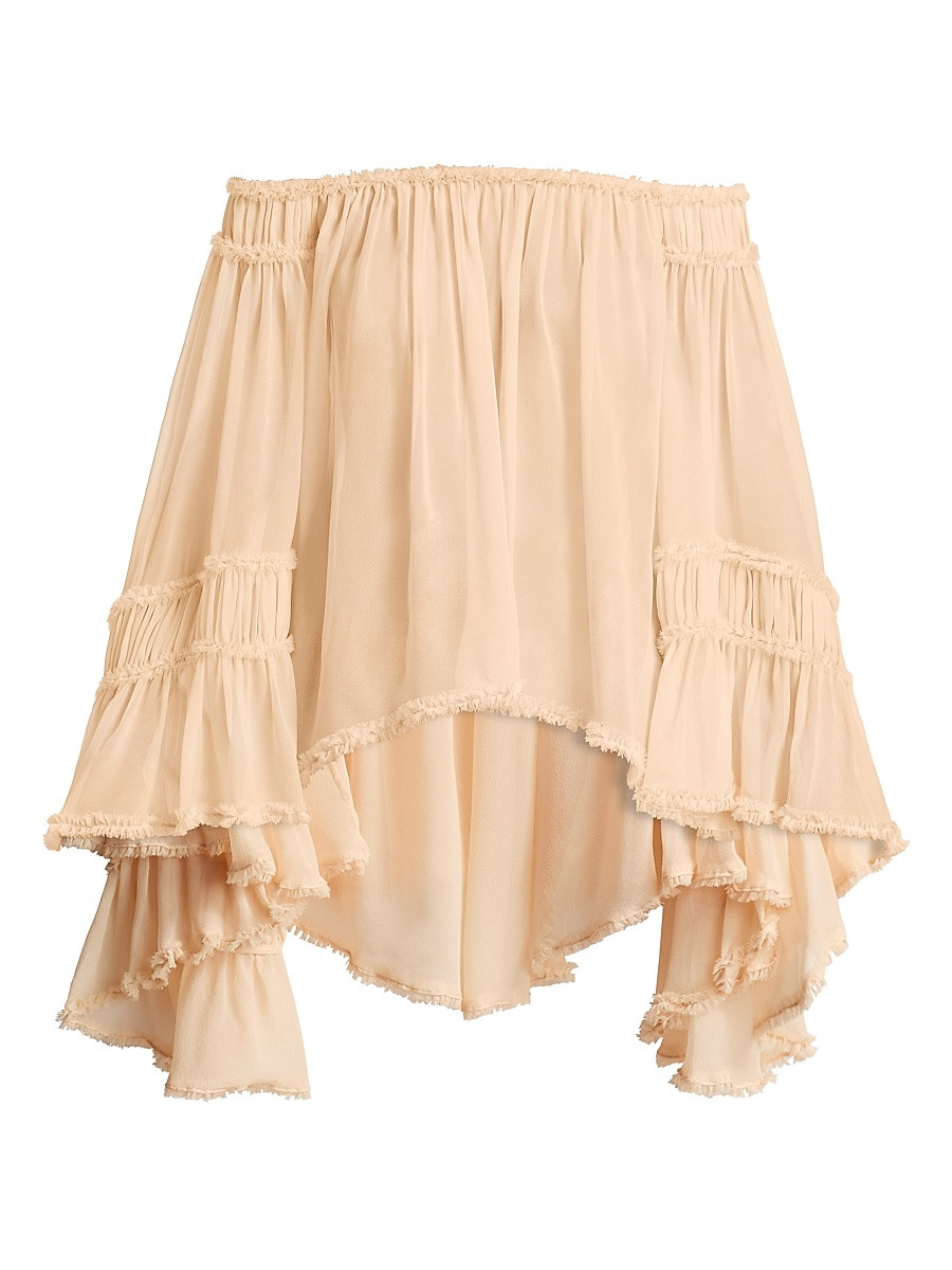 Women's Rebellion Off-The-Shoulder Frayed Silk Blouse - Cream - Size 0 | Saks Fifth Avenue