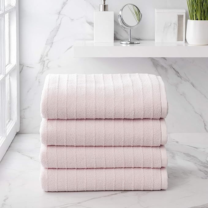 Welhome James 100% Cotton 4 Piece Bath Towels | Blush Pink | Stripe Textured | Supersoft & Durabl... | Amazon (US)