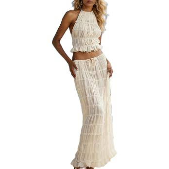 Womens 2 Piece Maxi Skirt Set Lace Up Sleeveless Tank Top and Flowy Long Skirt 2024 Summer Beach ... | Amazon (US)