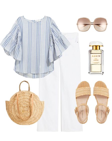 Summer outfit with blue and white striped ruffle blouse top, white jeans, woven sandals, straw circular tote bag and sunglasses #summeroutfits #july4outfits #summerwhitejeans #blueandwhitestripes #dailyoutfits #dailyfinds #virtualstylist

#LTKStyleTip #LTKFindsUnder50 #LTKOver40