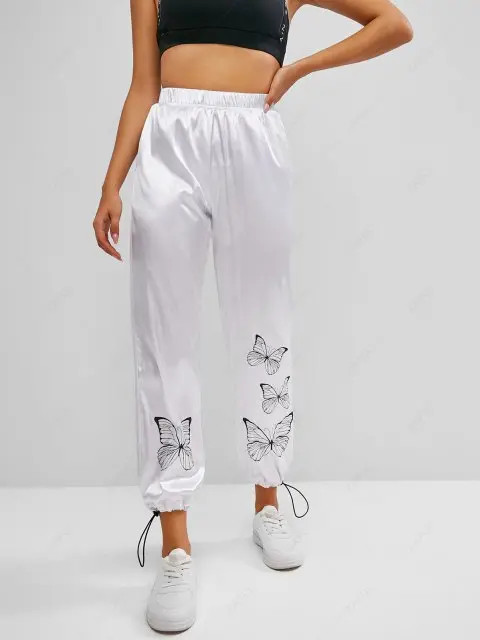 High Waisted Silky Satin Butterfly Pants - White S | ZAFUL (Global)