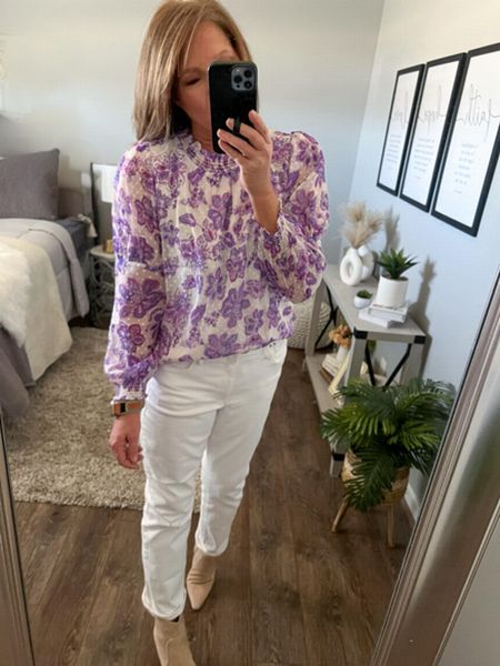 Loft Sale! Loving this lilac floral blouse. Fits tts. Styled with white jeans from J Crew Factory also on sale 33% off snd fit tts. Boots from Express 

Casual outfit, business casual, casual workwear, loft outfit, white jeans, tops, blouses, over 40 fashion, sale, date night outfit 

#LTKsalealert #LTKstyletip #LTKfindsunder50