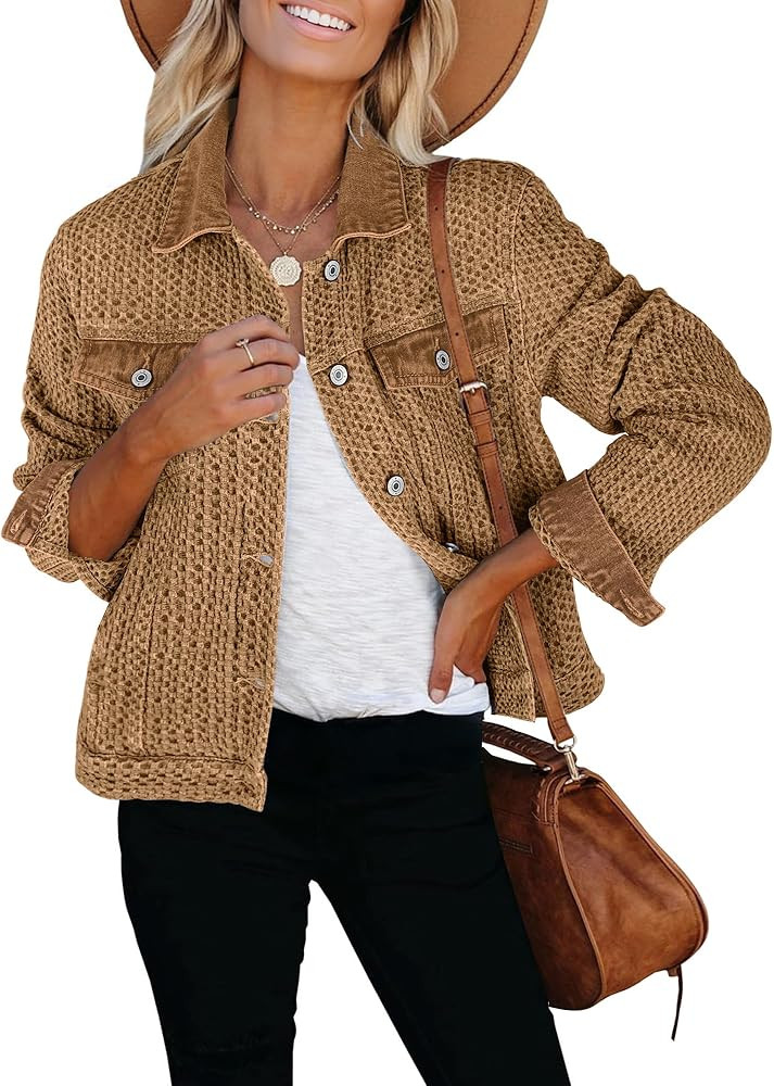 luvamia Jean Jacket Women Trendy Texture Distressed Button Down Long Sleeves Casual Trucker Denim... | Amazon (US)