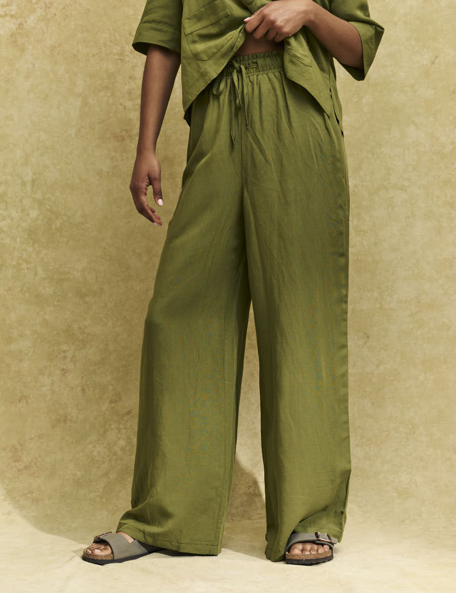 Khaki Linen-blend Drawstring Wide Leg Trousers | Nobody's Child